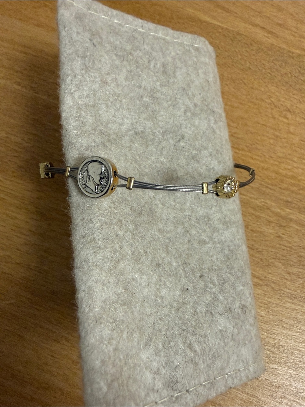 Silver and gold tone wire semi rigid bracelet rhinestone and faux coin beads
